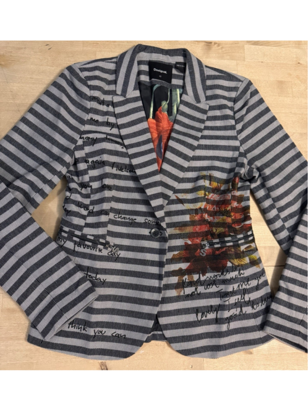 Desigual Designer Women's 10 US 42 EU Stripe Embroidered Graffiti Blazer Jacket